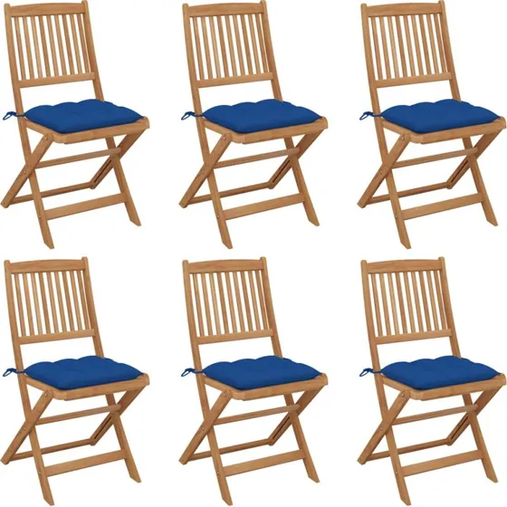 vidaXL foldbare havestole 6 stk. med blå hynder, massivt akacietræ