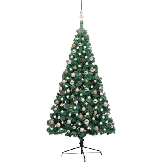 vidaXL halvt juletræ 180 cm med LED-lys og kugler, grøn
