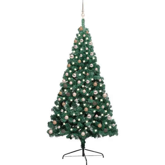 vidaXL Kunstigt halvt juletræ 210 cm med LED-lys og kugler, grøn