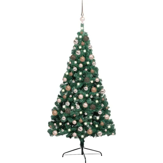 vidaXL Kunstigt halvt juletræ 240 cm grøn med LED-lys og kugler
