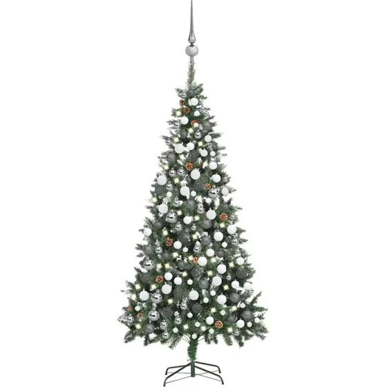 vidaXL 210 cm kunstigt juletræ med lys, kugler og grankogler