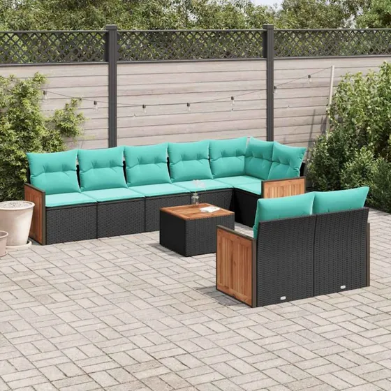 vidaXL 9-del havesofasæt med hynder, sort polyrattan