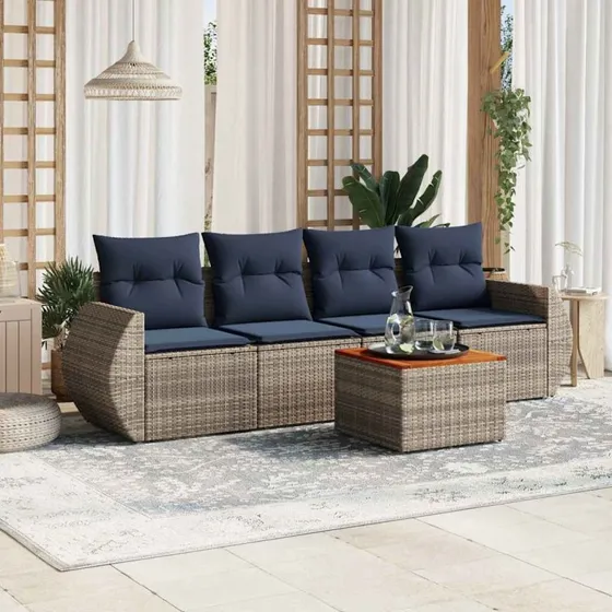 vidaXL Havesofasæt 5 dele grå polyrattan med marineblå puder