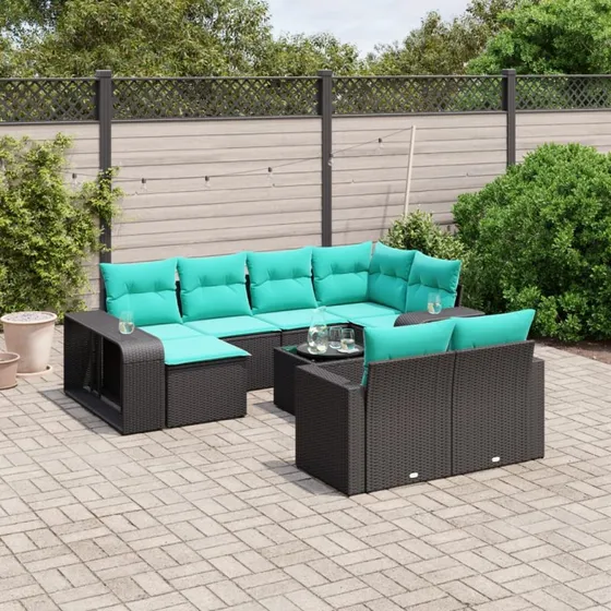 vidaXL 11-delt havesofasæt sort polyrattan med blå hynder