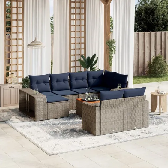 vidaXL 11-delt havesofasæt grå polyrattan med marineblå hynder