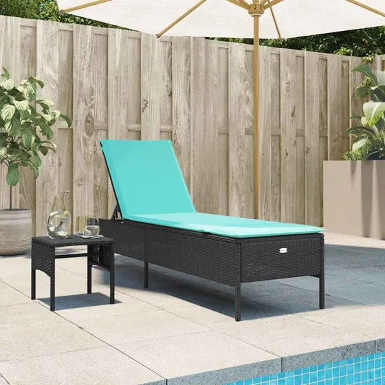 vidaXL liggestol med bord og hynde, sort polyrattan