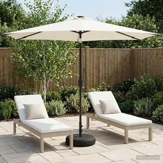 vidaXL Haveparasol 300x300 cm med LED-lys og fod, cremefarvet polyester