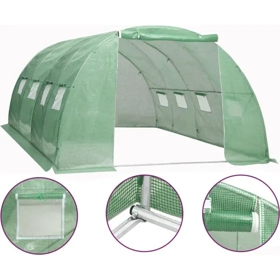 vidaXL Drivhus 4x4x2 m, 16 m², grønt PE-net, galvaniseret stålramme