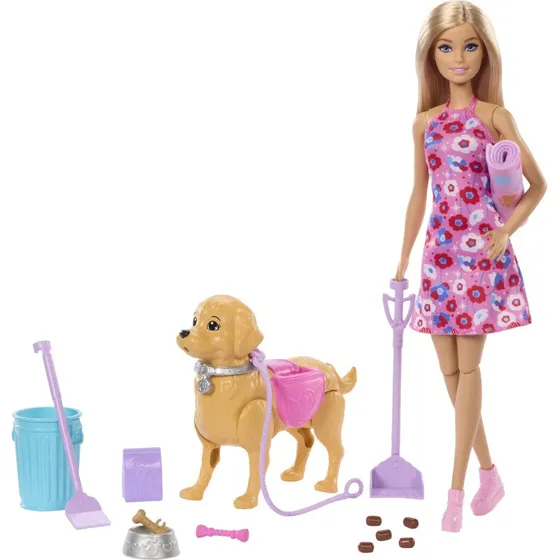 Barbie Walk & Potty Malibu - 30 cm dukke med hund og 14 tilbehør