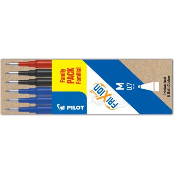 Pilot Frixion Refill 6-stk: 3x blå, 2x sort, 1x rød, 0,7 mm
