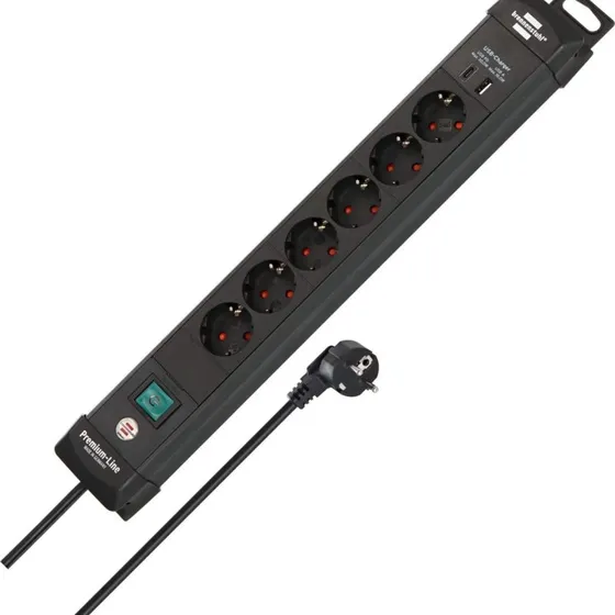 Brennenstuhl 6-vejs forlængerstik med USB-C PD, sort, 3 m