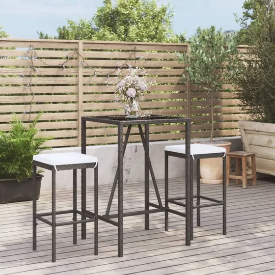 vidaXL Barsæt 3 dele med hynder i polyrattan, sort