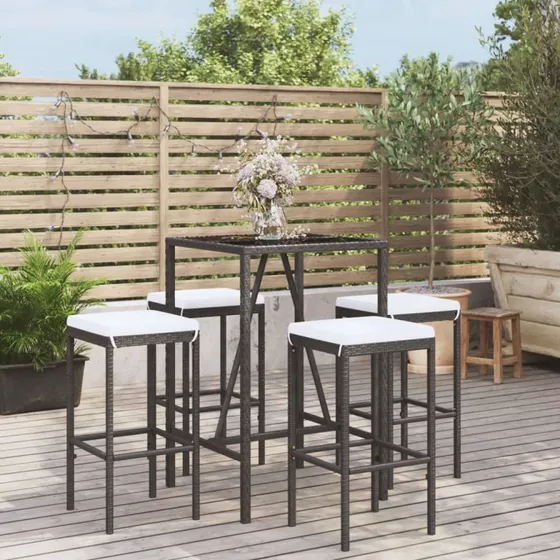 vidaXL barsæt 5 dele med hynder sort polyrattan