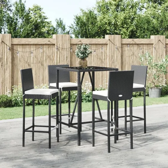 vidaXL Barsæt 5 dele med hynder i sort polyrattan
