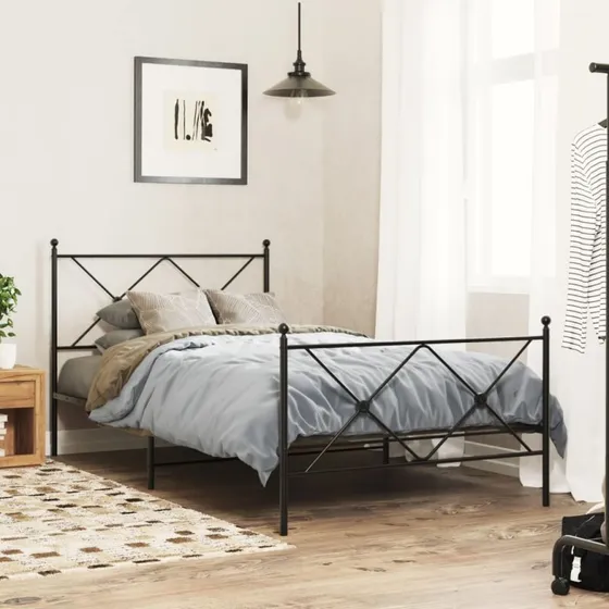 vidaXL Sengeramme 100x200 cm Metal Sort med Gavl og Fodgærde