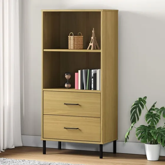 vidaXL OSLO Bogreol 60x35x128,5 cm med 2 skuffer, massivt fyrretræ, brun