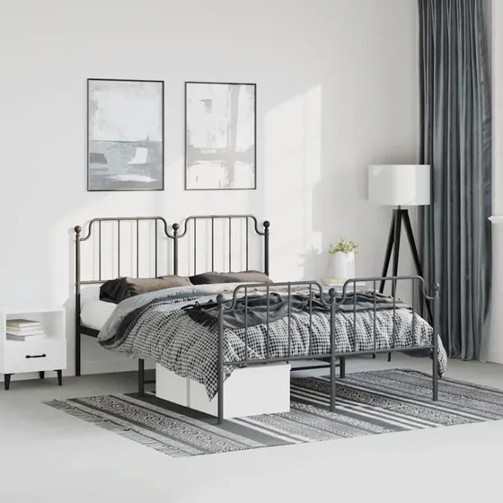 vidaXL Sengeramme 150x200 cm metal sort med gavl og fodgærde