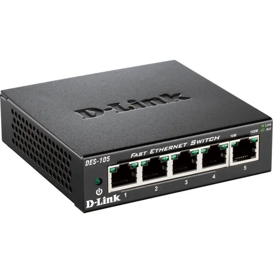 D-Link DES-105 5-Port Ethernet Switch, 10/100 Mbps, sort, metalkabinet
