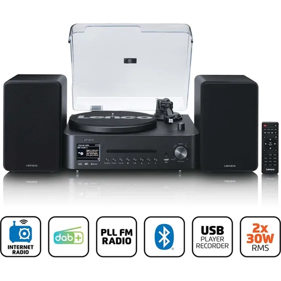 Lenco MC-760BK HiFi-sæt med pladespiller, DAB+, Bluetooth og internetradio - Sort