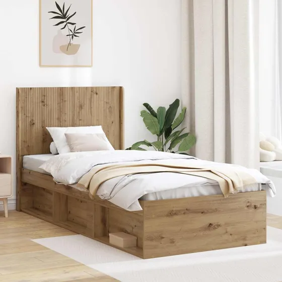 vidaXL Sengestel Artisan-eg 90 x 200 cm med opbevaring og hovedgærde