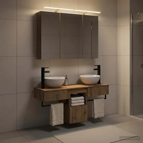 vidaXL Badeværelsesskabsæt 4 stk 100 x 14,5 x 70 cm i konstrueret træ med spejl og lamper