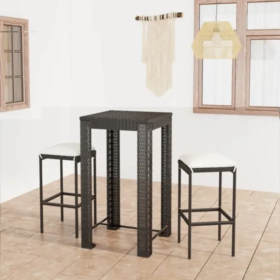 vidaXL Barsæt 3 dele med hynder i sort polyrattan