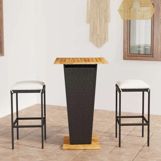 vidaXL Barsæt 3 dele med hynder i sort polyrattan