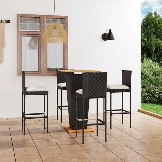 vidaXL Barsæt 5 dele med hynder sort polyrattan