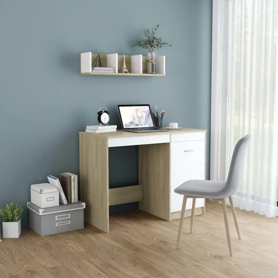 vidaXL Skrivebord 100x50x76 cm Hvid/Sonoma-eg med Skab