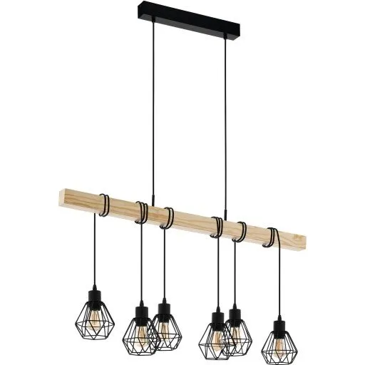 Eglo Townshend 5 langbordspendel, 6 lamper, træ og sort metal