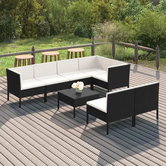 vidaXL 8-deligt loungesæt i polyrattan sort med creme hynder