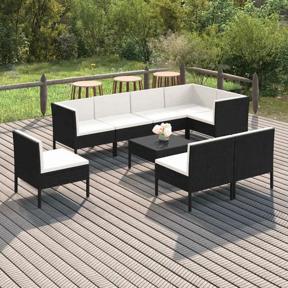 vidaXL 9-deligt loungesæt i polyrattan med creme hynder, sort