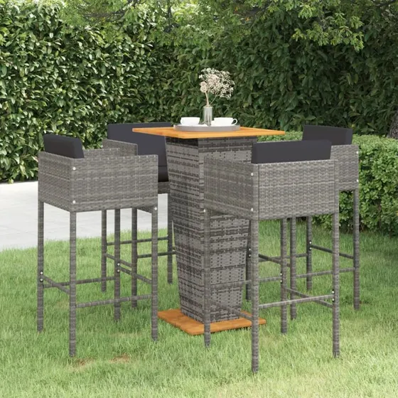 vidaXL Barsæt 5 dele med hynder i grå polyrattan, 60 x 60 x 110 cm