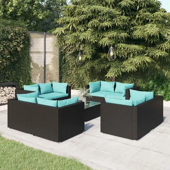 vidaXL 9-deligt loungesæt i polyrattan med hynder, sort