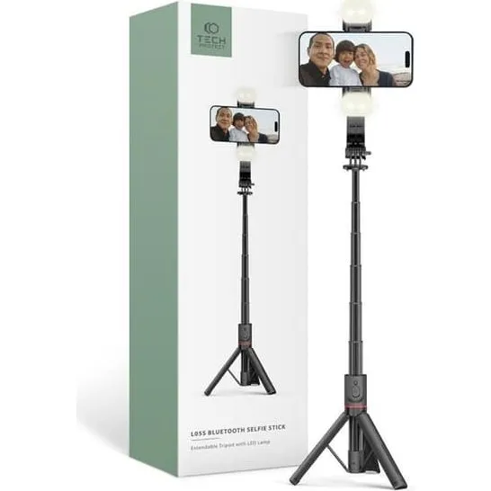 Tech-Protect L05S Bluetooth Selfie Stick med LED-lys, Sort, op til 105 cm