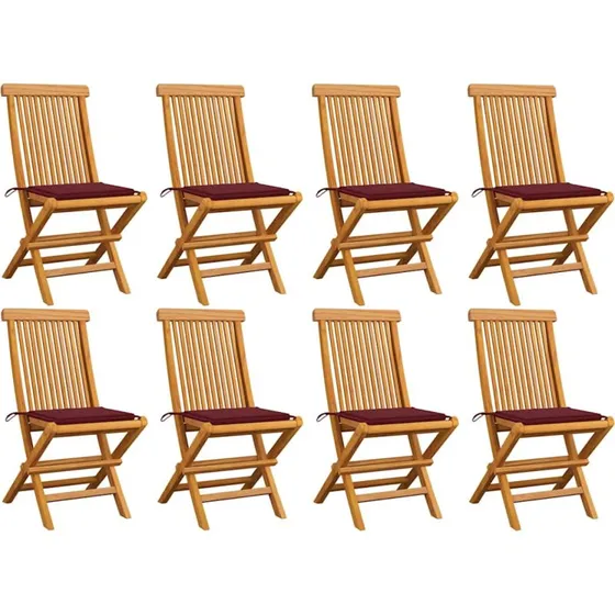 vidaXL Foldbare Havestole i Massivt Teak med Vinrøde Hynder, 8 stk.