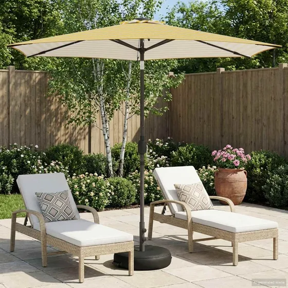 vidaXL Haveparasol 270x270 cm med LED-lys og fod, gul/hvid