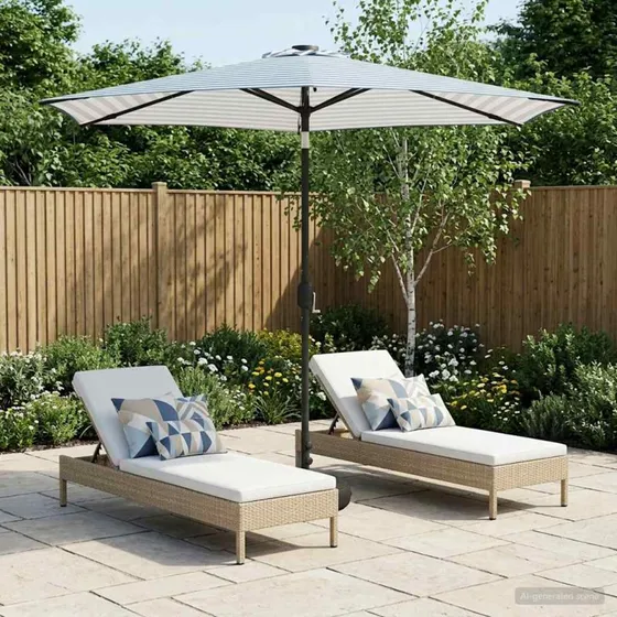 vidaXL Haveparasol 270x270 cm med LED-lys og fod, blå/hvid