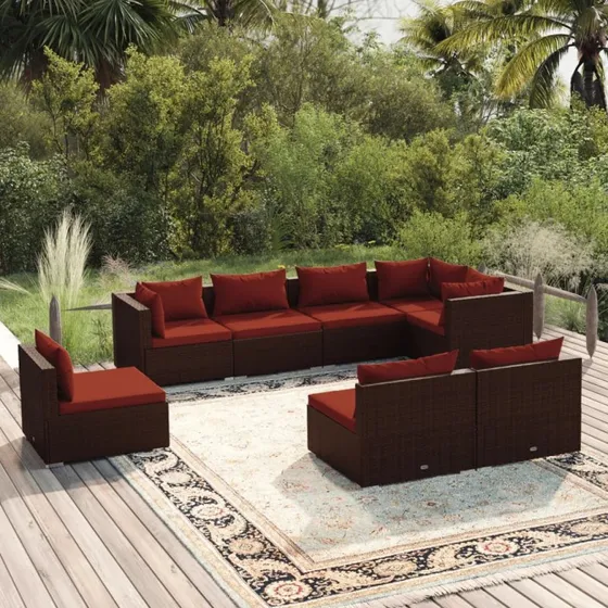 vidaXL 8-deligt polyrattan loungesæt brun med hynder