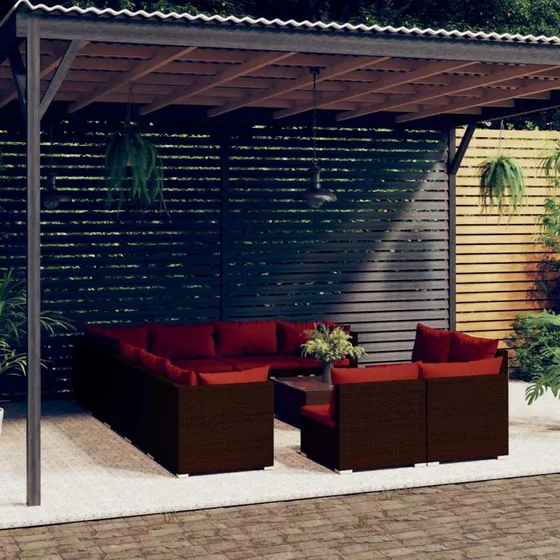 vidaXL 13-deligt polyrattan loungesæt brun med kanelrøde hynder