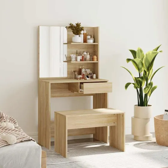vidaXL Makeupbord med skammel og spejl, Sonoma-eg 74,5x40x141 cm
