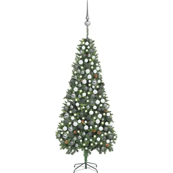 vidaXL Kunstigt juletræ 210 cm med lys, kugler og grankogler