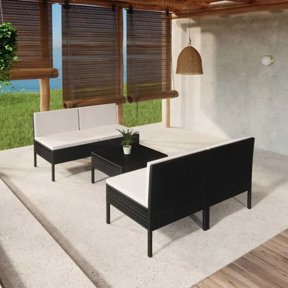 Loungesæt 5 dele med hynder polyrattan sort