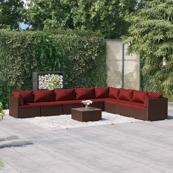 vidaXL 9-deligt loungesæt i brun polyrattan med kanelrøde hynder