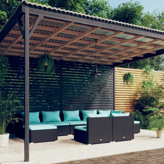 Loungesæt 9 dele polyrattan sort/aquablå med hynder