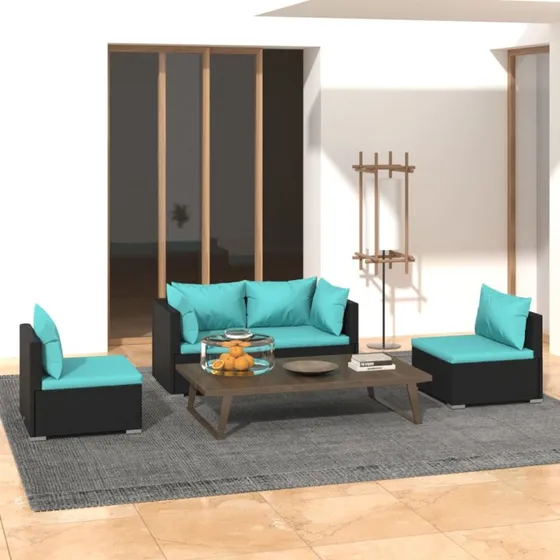 Loungesæt 4 dele polyrattan sort/aquablå med hynder
