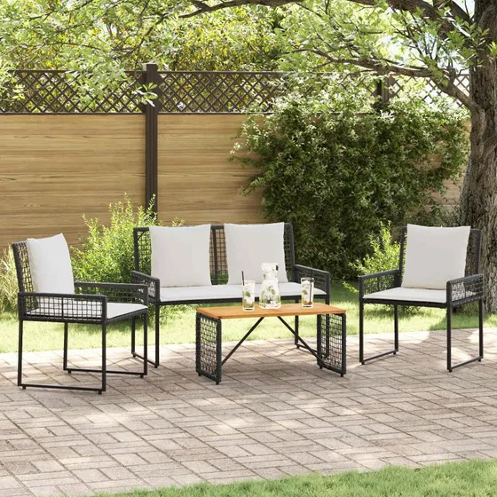 vidaXL Have møbel sæt 4 pcs Sort/Cremehvid PolyRattan & Akacietræ