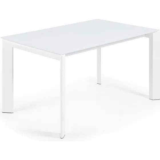 Kave Home Axis spisebord 140-200 x 90 cm, hvidt glas og stål med butterflybordplade