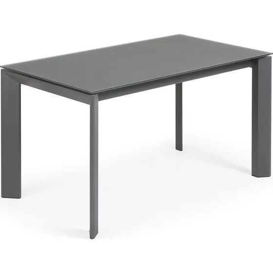 Kave Home Axis spisebord med udtræk, gråt hærdet glas og mørkegrå stål, 140-200 x 90 cm