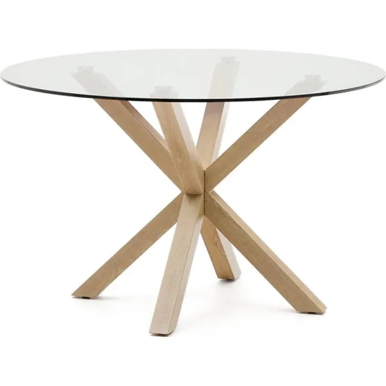 Kave Home Argo rundt spisebord i hærdet glas og naturtræ, Ø119 cm